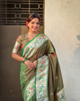 Mehendi Green (Red Tone) Soft Paithani Silk with Silver Zari Woven Saree