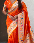 Orange Soft Paithani Silk with Silver Zari Woven Saree