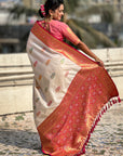 White Soft Silk Meenakari Flower Butta Zari Woven Saree