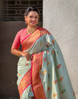Sky Blue Soft Silk Meenakari Flower Butta Zari Woven Saree