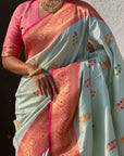 Sky Blue Soft Silk Meenakari Flower Butta Zari Woven Saree