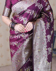 Wine Banarasi Soft Silk Meenakari Jaal Zari Woven Saree
