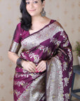 Wine Banarasi Soft Silk Meenakari Jaal Zari Woven Saree