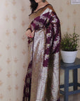 Wine Banarasi Soft Silk Meenakari Jaal Zari Woven Saree