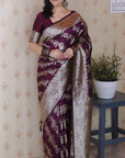 Wine Banarasi Soft Silk Meenakari Jaal Zari Woven Saree
