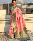 Baby Pink Soft Silk Meenakari Flower Butta Zari Woven Saree