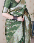 Mehendi Green Banarasi Soft Silk Meenakari Jaal Zari Woven Saree