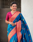 Blue Soft Silk Meenakari Flower Butta Zari Woven Saree