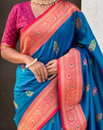 Blue Soft Silk Meenakari Flower Butta Zari Woven Saree