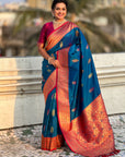 Blue Soft Silk Meenakari Flower Butta Zari Woven Saree