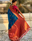 Blue Soft Silk Meenakari Flower Butta Zari Woven Saree