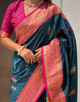 Dark Blue Soft Silk Meenakari Flower Butta Zari Woven Saree