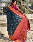 Dark Blue Soft Silk Meenakari Flower Butta Zari Woven Saree
