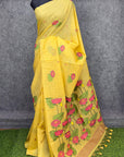 Yellow Soft Flora Cotton Resham Saree with Lotus Pattern Saree