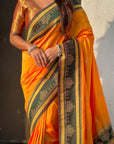 Orange Soft Traditional Kolam Art Concept Zari Woven Silk Saree