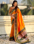 Orange Soft Traditional Kolam Art Concept Zari Woven Silk Saree