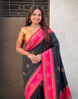 Black Soft Traditional Kolam Art Concept Zari Woven Silk Saree