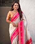 Cream & Pink Soft Traditional Kolam Art Concept Zari Woven Silk Saree