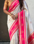 Cream & Pink Soft Traditional Kolam Art Concept Zari Woven Silk Saree