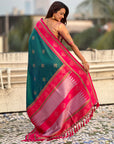 Peacock Blue Soft Traditional Kolam Art Concept Zari Woven Silk Saree