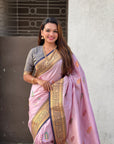 Lavender Soft Silk Meenakari Flower Butta Zari Woven Saree
