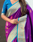Purple Soft Silk Meenakari Flower Butta Zari Woven Saree