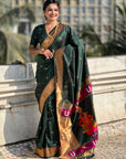 Bottle Green Zari Woven Paithani Silk Saree with Vitthal Rukmini Pallu