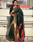 Bottle Green Zari Woven Paithani Silk Saree with Vitthal Rukmini Pallu