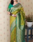 Mehendi Green Soft Banarasi Silk Zig Zag Pattern Meenakari Zari Woven Saree