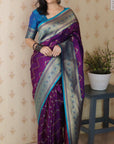 Dark Purple Soft Banarasi Silk Zig Zag Pattern Meenakari Zari Woven Saree