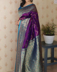 Dark Purple Soft Banarasi Silk Zig Zag Pattern Meenakari Zari Woven Saree