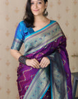 Dark Purple Soft Banarasi Silk Zig Zag Pattern Meenakari Zari Woven Saree