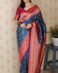 Dark Blue Soft Banarasi Silk Zig Zag Pattern Meenakari Zari Woven Saree