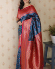 Dark Blue Soft Banarasi Silk Zig Zag Pattern Meenakari Zari Woven Saree