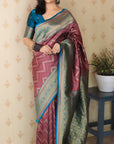 Coral Pink Soft Banarasi Silk Zig Zag Pattern Meenakari Zari Woven Saree