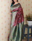 Coral Pink Soft Banarasi Silk Zig Zag Pattern Meenakari Zari Woven Saree