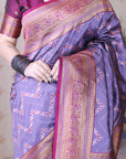 Lavender Soft Banarasi Silk Zig Zag Pattern Meenakari Zari Woven Saree