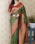 Dark Mehendi Green Soft Banarasi Silk Zig Zag Pattern Meenakari Zari Woven Saree