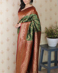 Dark Mehendi Green Soft Banarasi Silk Zig Zag Pattern Meenakari Zari Woven Saree