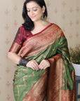 Dark Mehendi Green Soft Banarasi Silk Zig Zag Pattern Meenakari Zari Woven Saree