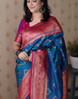 Blue Soft Banarasi Silk Zig Zag Pattern Meenakari Zari Woven Saree