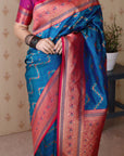 Blue Soft Banarasi Silk Zig Zag Pattern Meenakari Zari Woven Saree