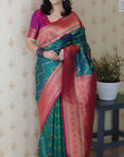 Peacock Blue Soft Banarasi Silk Zig Zag Pattern Meenakari Zari Woven Saree