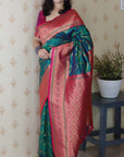 Peacock Blue Soft Banarasi Silk Zig Zag Pattern Meenakari Zari Woven Saree