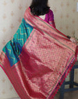 Peacock Blue Soft Banarasi Silk Zig Zag Pattern Meenakari Zari Woven Saree