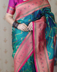 Peacock Blue Soft Banarasi Silk Zig Zag Pattern Meenakari Zari Woven Saree