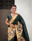 Bottle Green Paithani Silk Saree with Zari Woven Big Border Concept