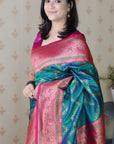 Peacock Blue Soft Banarasi Silk Zig Zag Pattern Meenakari Zari Woven Saree