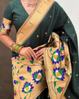 Bottle Green Paithani Silk Saree with Zari Woven Big Border Concept