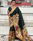 Bottle Green Paithani Silk Saree with Zari Woven Big Border Concept